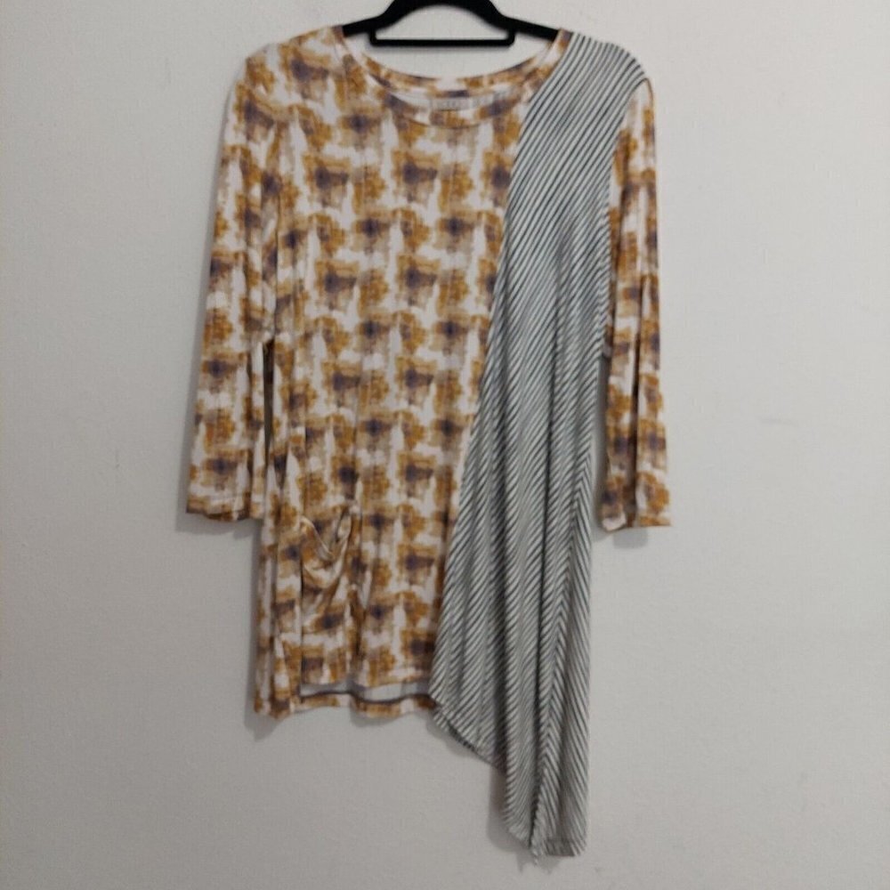 Logo Lori‎ Goldstein Mixed Media Print Tunic Top Asymmetrical 3/4 Sleeves Size L